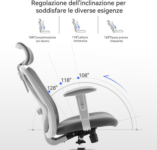 SIHOO M18 : chaise de bureau ergonomique – structure en maille respirante – appui-tête et soutien lombaire réglables – gris