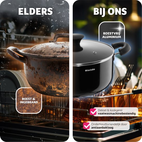 tectake® Ensemble de casseroles 15 pièces - Aluminium avec couvercles en verre - ustensiles inclus - Noir