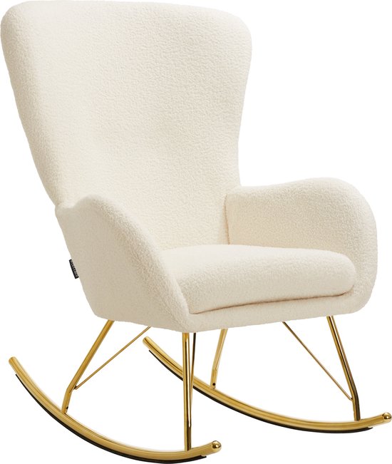 tectake® Swing Rocking Chair - Fauteuil Bouclé tapissé avec patins en acier et coussin d'assise extra épais - Design scandinave, facile d'entretien et ergonomique - crème/doré