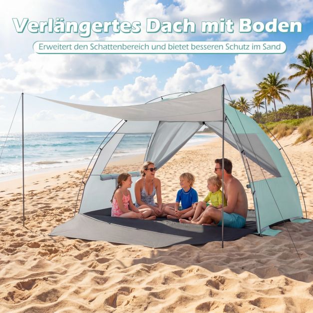 Coast Strandtent 260 × 150 × 160 cm – Abri de plage avec auvent, protection UV UPF 50+, fenêtres en filet et sac de transport – Vert