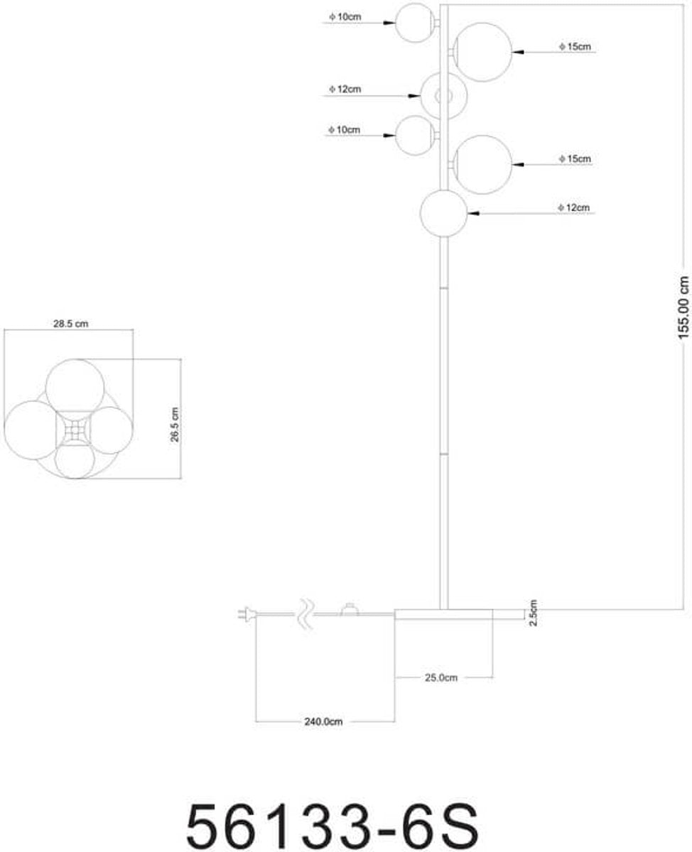 Globo Riha Lampadaire - Métal noir avec verre fumé - 155 cm - 6xG9 LED