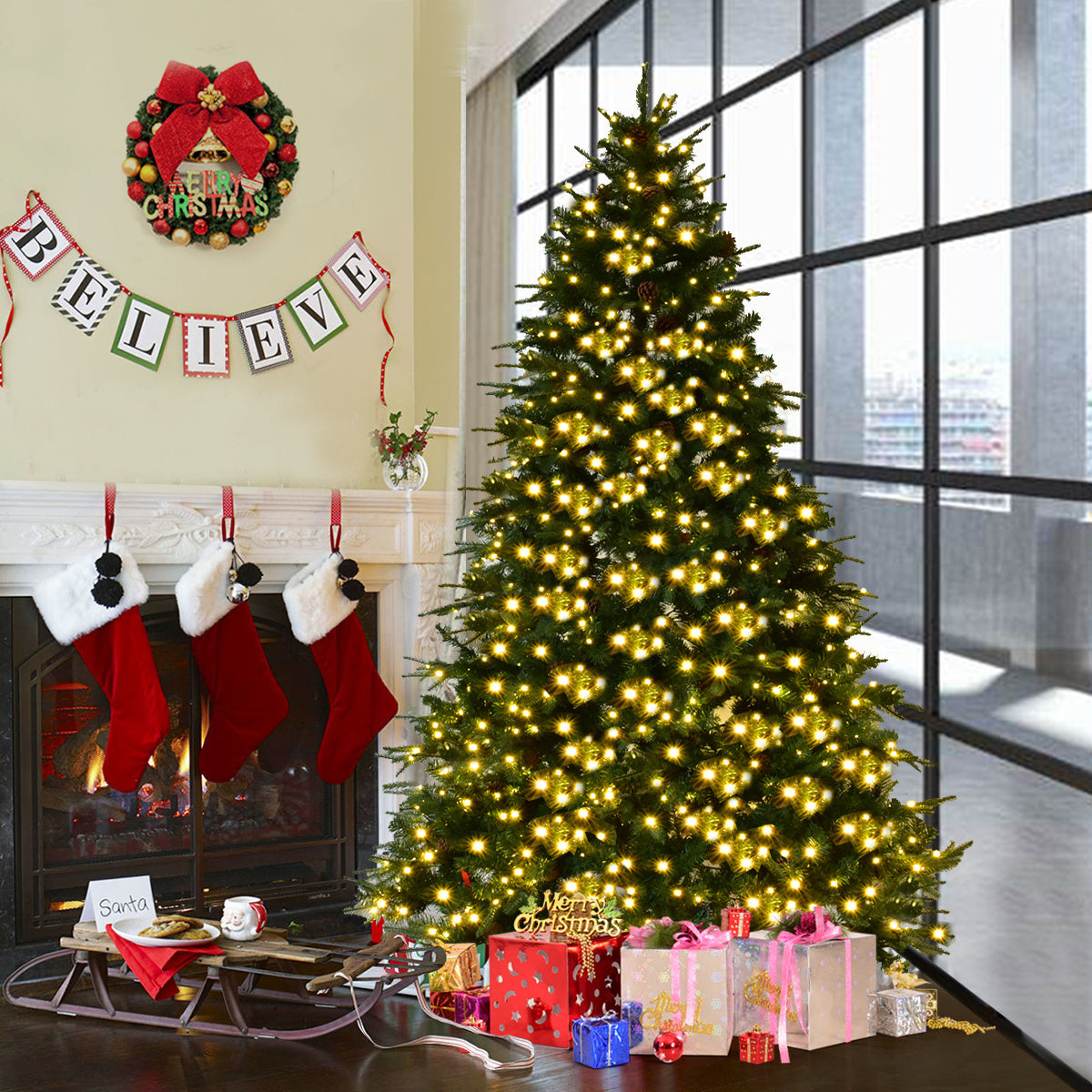Coast Sapin artificiel avec chaînes lumineuses LED arbre de Noël 210/225/240 cm Vert-225 cm
