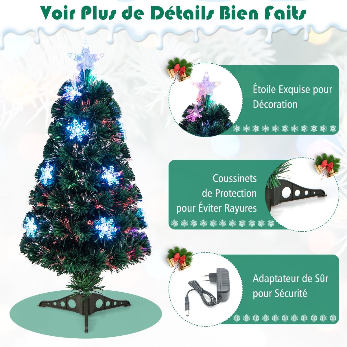 Sapin de Noël artificiel avec lumières et décoration en fibre de verre - Sapin de Noël - Noël - LED - 90 cm