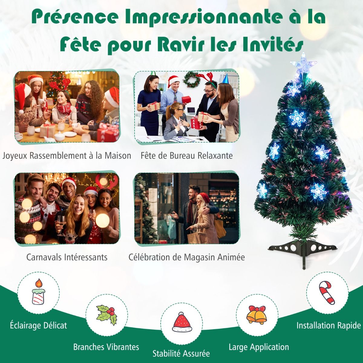 Sapin de Noël artificiel avec lumières et décoration en fibre de verre - Sapin de Noël - Noël - LED - 90 cm