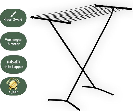 BRASQ Séchoir vertical noir - 8 mètres - Sèche-linge - Étagère à linge pliable - Étagère à linge verticale - Étagères de séchage - 90x53x83 cm
