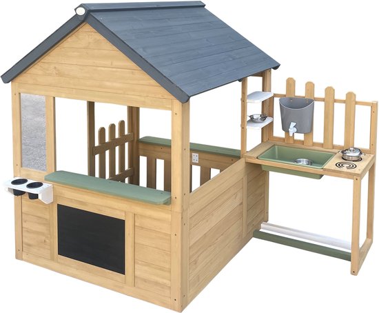 Maisonnette AXI Lizz marron/anthracite – Maisonnette en bois avec coin cuisine, tableau noir, miroir, pots de fleurs et accessoires – Bois certifié FSC – Maisonnette de jardin pour enfants – Garantie 10 ans