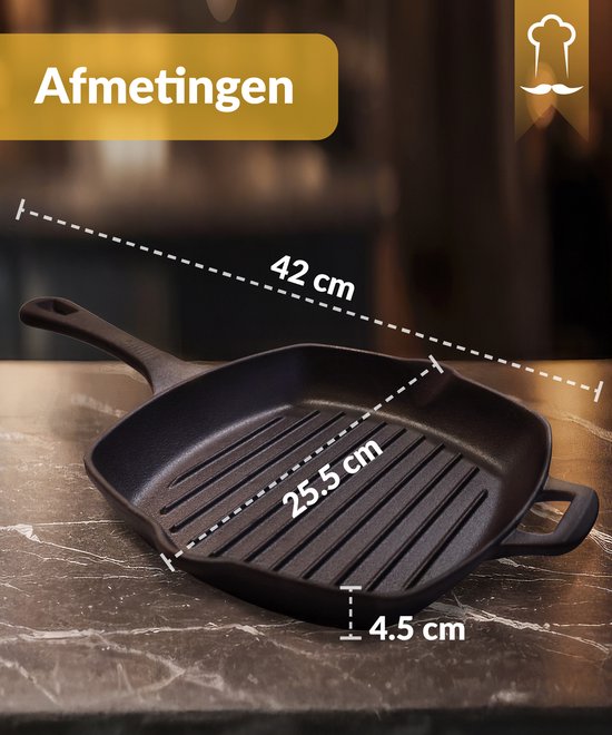 Poêle à griller en fonte Chefarone – 25,5 cm – Compatible induction, gaz, four et barbecue – Poêle à griller carrée à rainures – Sillons de cuisson parfaits et répartition optimale de la chaleur – Poêle avec poignée