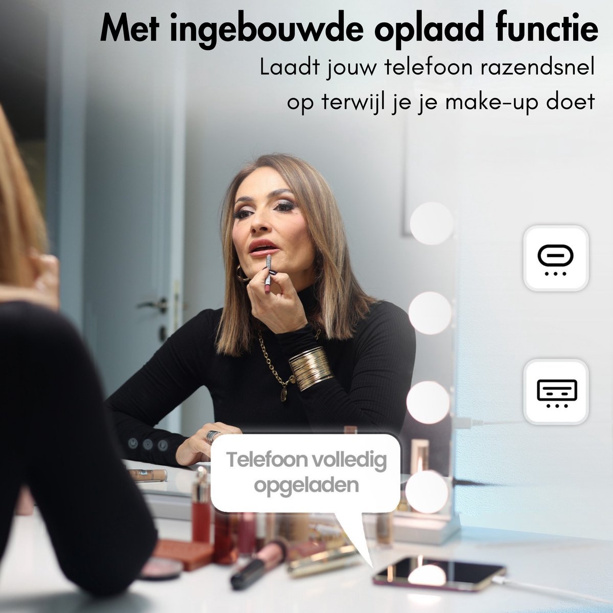 Sansbeauté® Hollywood Mirror 80x62.5 cm - Miroir de maquillage - 18 lampes LED - grossissement 10x - dimmable - port de charge USB - Touch Control - blanc
