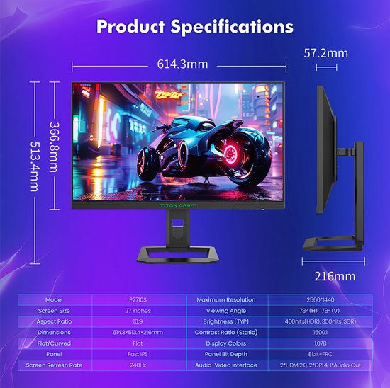 Écran d'ordinateur TITAN ARMY P2510G, 68,6 cm (27"), 2560 x 1440 pixels, Quad HD, LED, noir