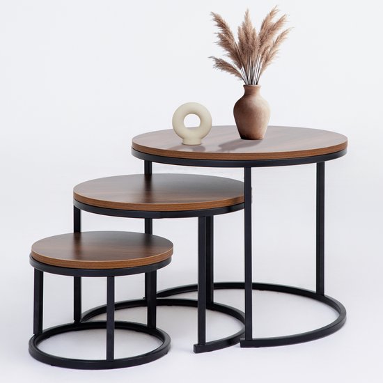 Bayt Table basse - Set de table basse - Table de salon ronde - Set 3 pièces - Table d'appoint - Table basse - Bois - Marron
