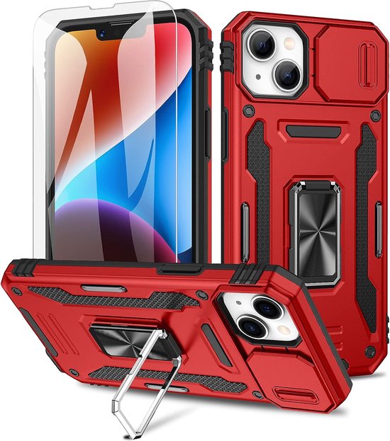 Podec Case suitable for iPhone 14 Red Phone Case - Anti-Shock Case Cover Hybrid Armor Case with Kickstand Ring with Screen Protector