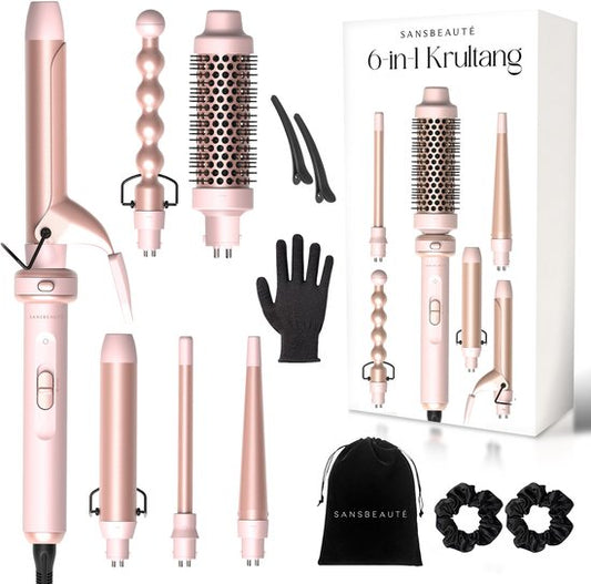 Sansbeauté® 6 en 1 Fer à boucler avec pince - Fer à boucler en céramique - 13mm à 38mm - Brosse pour sèche-cheveux cheveux courts - Brosse chauffante - Boucleurs - Brosse thermique - Styler les cheveux - Brosse à boucler 5 en 1