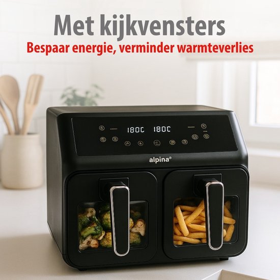 Alpina Friteuse à air chaud double XXL - Friteuse à air chaud 2 x 4 L - Friteuse à air chaud avec écran tactile numérique - Four à air chaud pour 6 personnes et plus - 8 programmes de cuisson - Mode Sync - Fonction minuterie