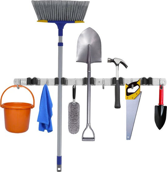 TTD® Luxe XXL Porte-balai et système de suspension pour outils - Porte-balai auto-adhésif - Porte-outils - Nettoyage - 5 crochets de suspension et 6 pinces à outils - Système de rangement - Outils de jardin - Bricoleurs - 62 CM - Acier inoxydable - Ruban