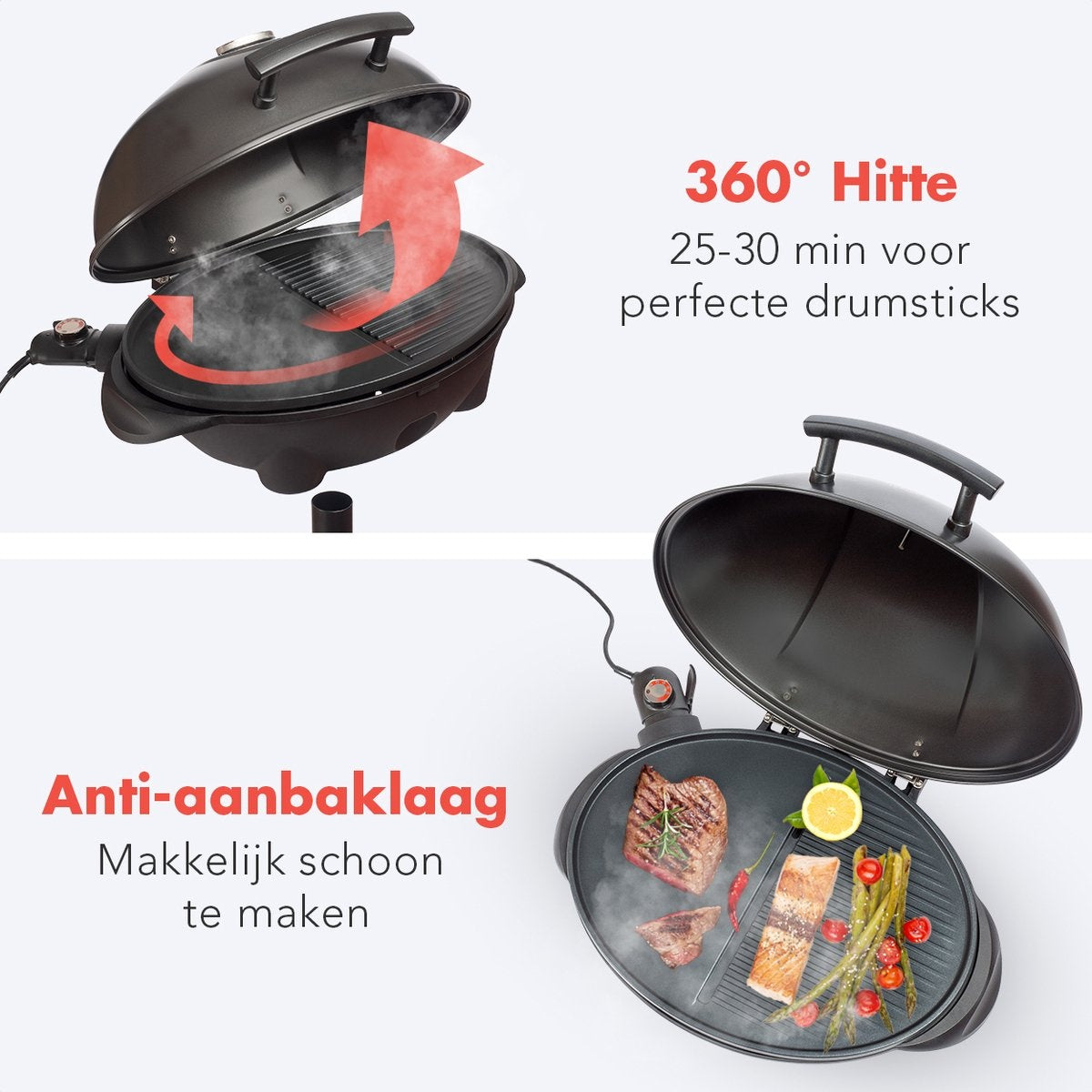 KitchenBrothers Barbecue électrique - avec plaque de cuisson - antiadhésif - étagère/porte-objets inclus - 2400W - Noir