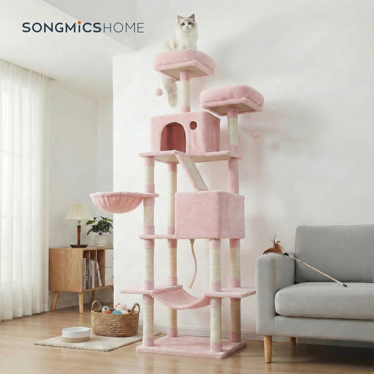 Joyfurnos Arbre à chat 206 cm - Tour pour chat XXL avec 13 poteaux à griffer, 2 maisonnettes et un hamac - Rose
