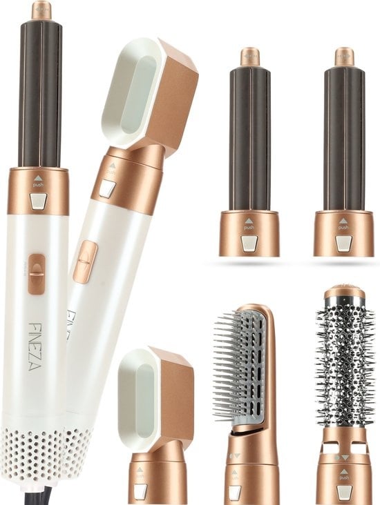 Brosse coiffante 5 en 1 - Fineza - 4 Embouts - Blanc/Or Rose