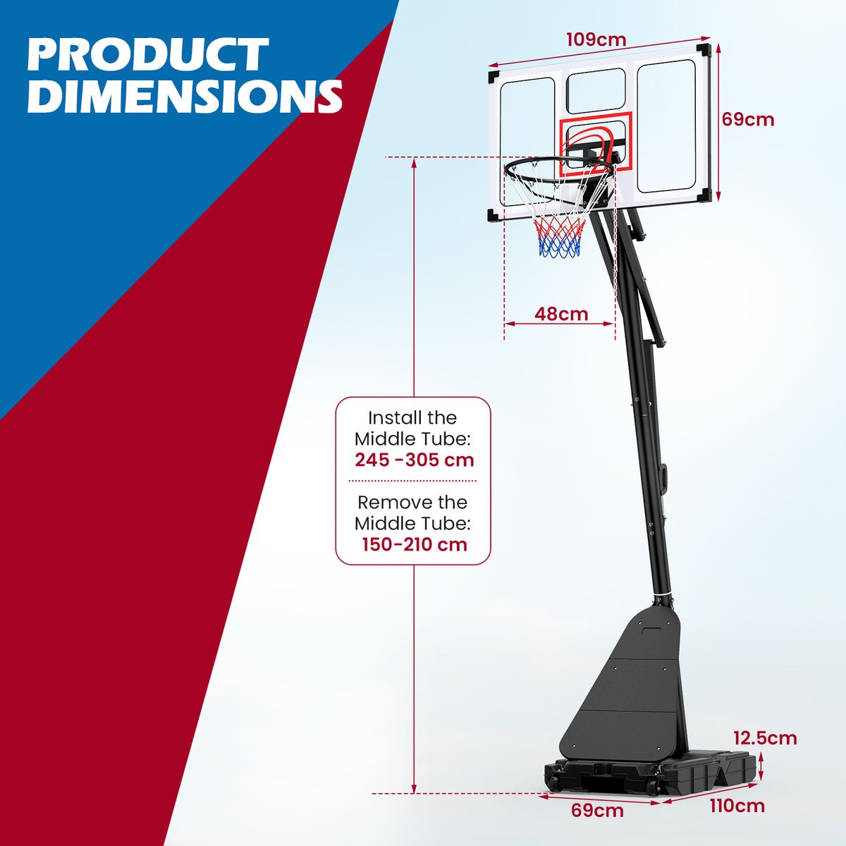 Support de basket-ball Coast avec roulettes - réglable en hauteur - adapté aux enfants et aux adultes - noir