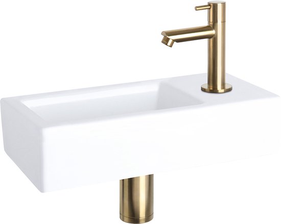 Ensemble de lavabo Differnz Helios – Lavabo en céramique 37,5 x 18,5 x 9,5 cm – Ensemble de lavabo avec robinet à droite, finition or mat – Lavabo avec robinet droit et poignée standard – Pour salle de bains ou WC
