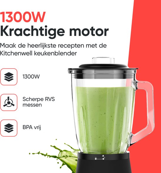 Blender - Kitchenwell - Puissant mixeur à smoothie de 1300 watts - 1,5 litre - gobelet en verre - Gobelet de sport inclus - acier inoxydable - Noir