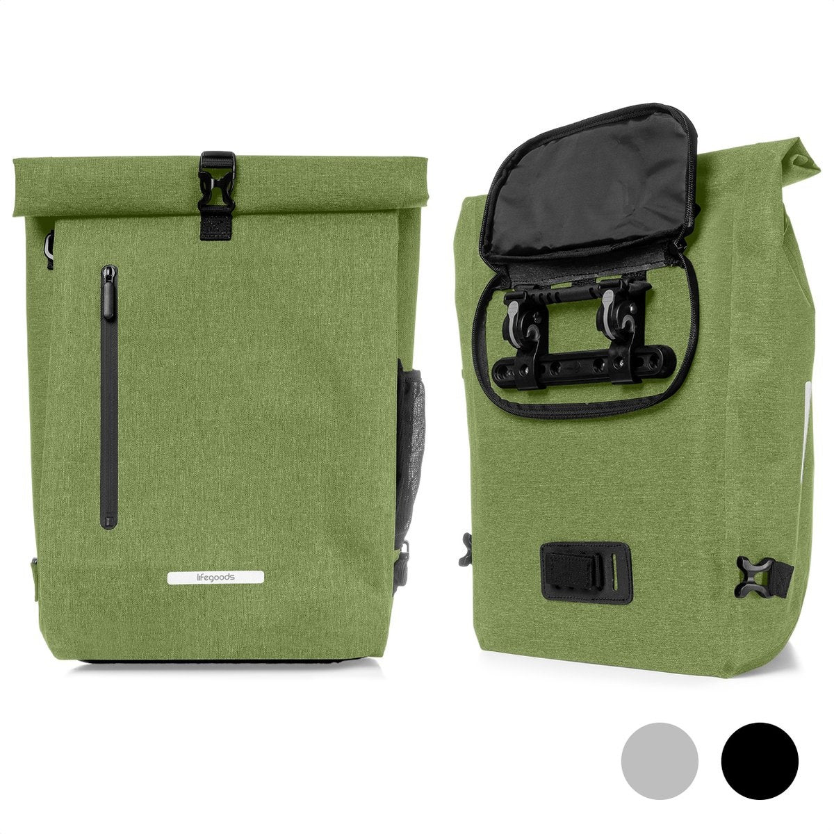 LifeGoods Single Bicycle Bag - Compact - Sac à bandoulière et sac à dos - 25L - Porte-bagages ronds - Imperméable - Vert olive