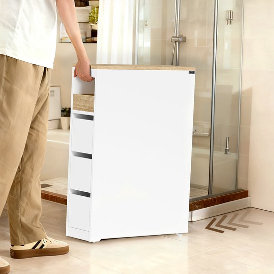 SoBuy Meuble de toilette 20 cm, meuble de salle de bain avec 3 tiroirs, petit meuble à papier toilette, étagère mobile pour salle de bain, toilettes et cuisine, blanc, 60 x 20 x 82,3 cm