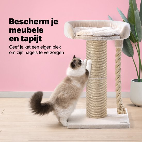 Jake et Jacky : Arbre à chat pour grands chats avec panier - Avec corde à jouer - Naturel/Crème - 57 x 57 x 90 cm - Ø de l'arbre à chat en sisal : 20 cm
