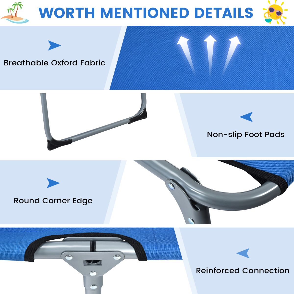 Chaise longue pliante réglable Coast 5 positions - 194x60x36-86 cm - Bleu - Tissu Oxford - Capacité de charge de 150 kg