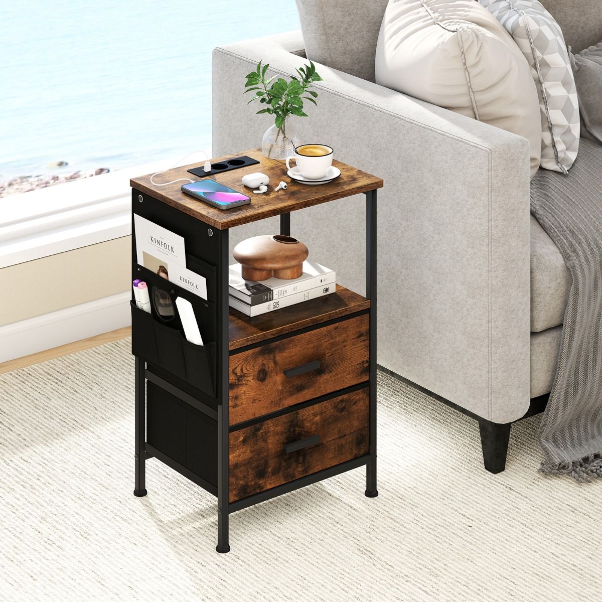 Ensemble de tables d'appoint Coast 2 pièces - avec station de recharge et éclairage LED - 2 tiroirs en tissu et 6 compartiments latéraux - marron rustique