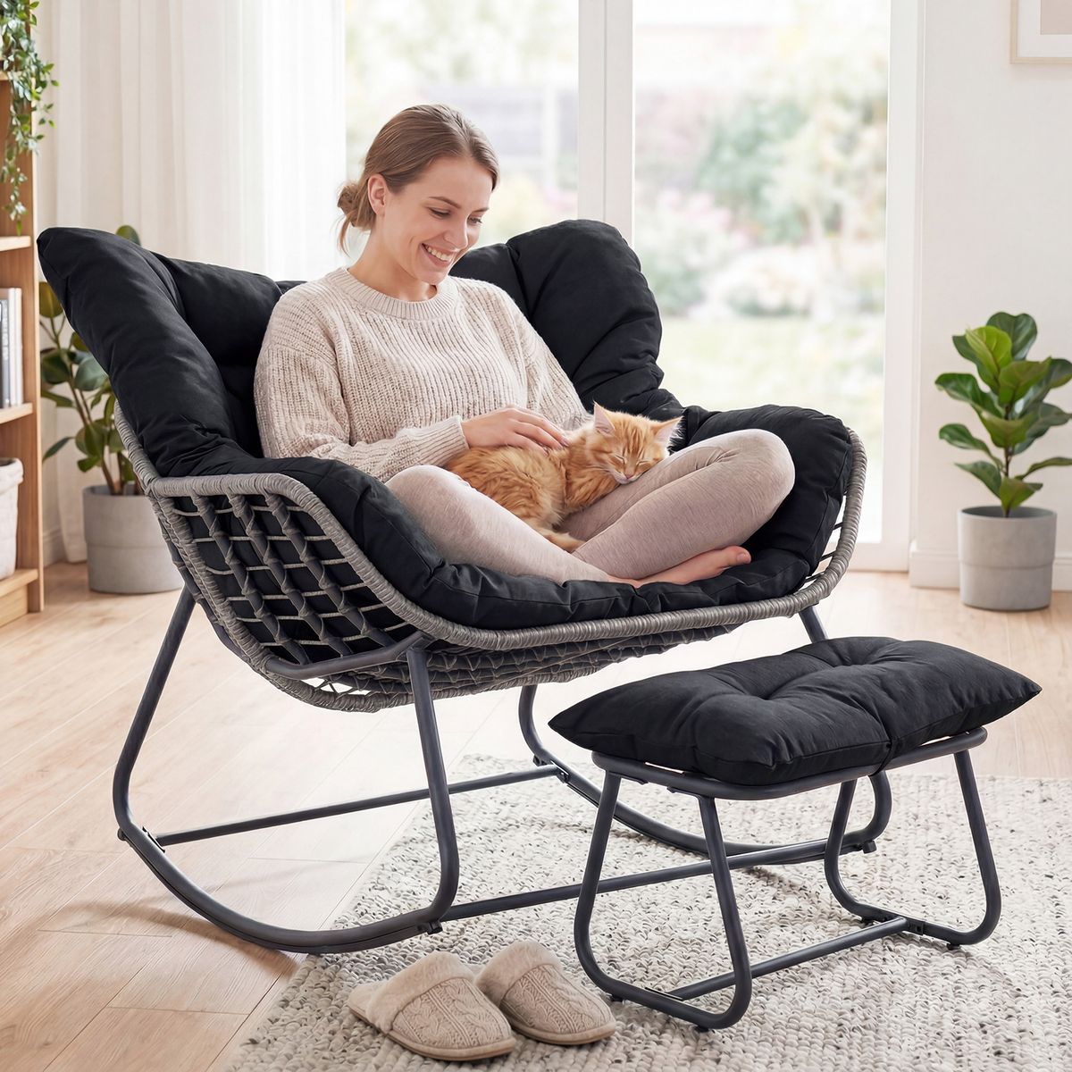 Fauteuil à bascule Coast avec repose-pieds - conception ergonomique - structure métallique avec rotin en PE - noir