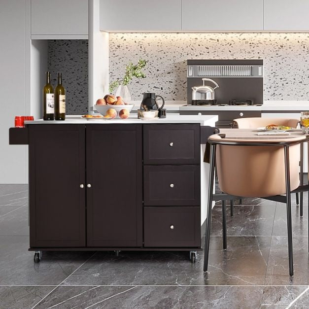 Coast Kitchen trolley chariot de service - acier inoxydable - îlot de cuisine avec 3 tiroirs - 135 x 45,5 x 91,5 cm - Brun/Blanc/Noir