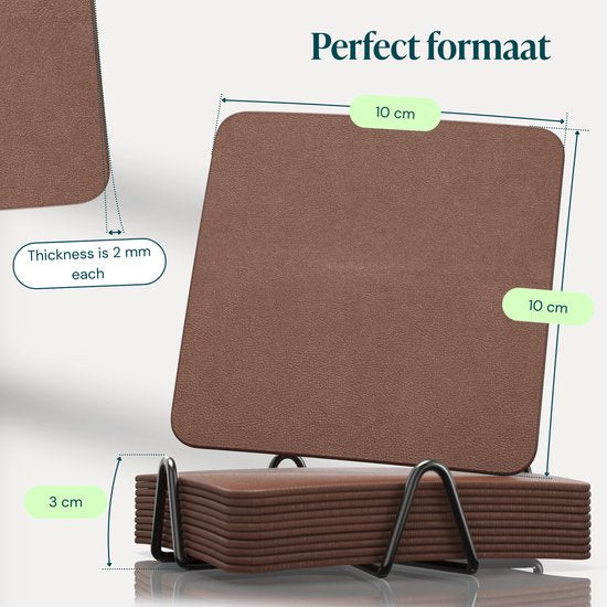Sous-verres en simili cuir Castagnola – Sous-verres pour verres – Sous-verres design avec support – Lot de sous-verres en cuir avec support métallique – Cuir – Lot de 10 – Marron – 10 x 10 cm