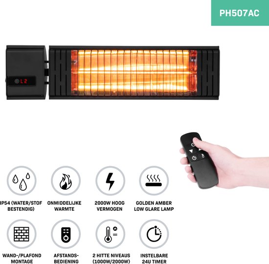 VONROC Chauffage d'ambiance de terrasse - Volsini PRO - 2000W - Avec niveaux de chaleur réglables, minuterie, écran LCD et télécommande