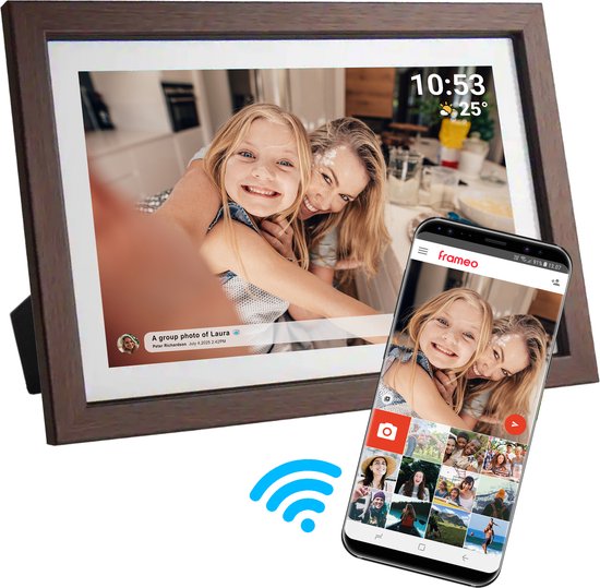 Cadre photo numérique Denver 10,1 pouces - Bois - HD - Application Frameo - Cadre photo - Calendrier numérique - Wi-Fi - 16 Go - Écran tactile IPS - PFF1040DW