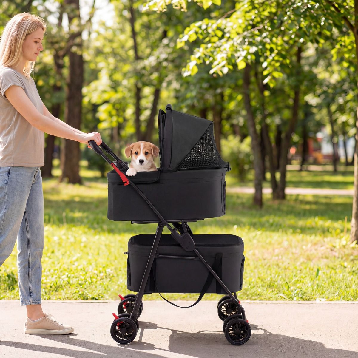 Chariot pliable double pour animaux de compagnie Coast - 3-en-1 avec caisses de transport amovibles - roues tout-terrain - noir