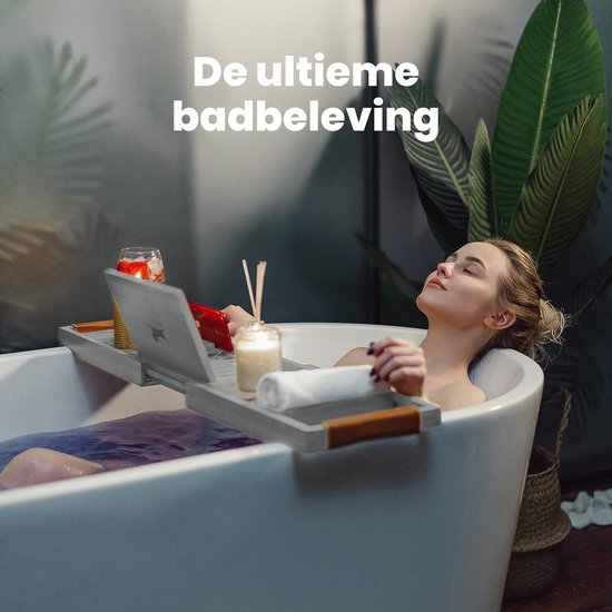 RelaxTub® Bathboard - Planche de bain pour la baignoire - Support de bain - Réglable - Antidérapant - Planche de bain grise - Planche de bain en bois - Support de bain avec porte-livre, porte-tablette et miroir