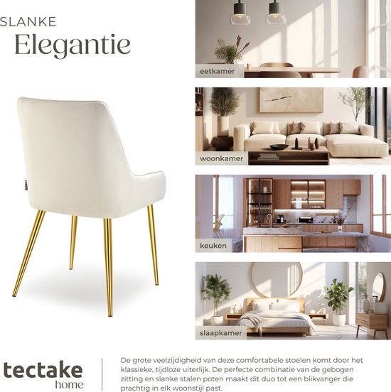 tectake® Chaise de salle à manger Avane - Aspect velours - Chaise ergonomique rembourrée avec pieds en acier doré - Capacité 120 kg - Chaise de salle à manger et de cuisine moderne - Lot de 2 - Beige