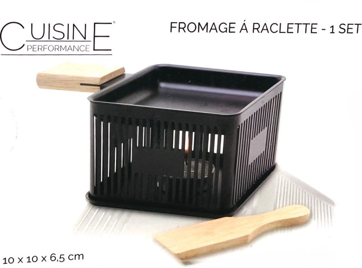 Appareil à Raclette & Fondue au fromage - Set compact pour 1 personne - 10×10×6.5 cm - Spatule en bois incluse - Noir