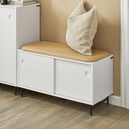 SoBuy FSR116-W Shoe Bench - Banc de rangement blanc avec coussin de siège et portes coulissantes