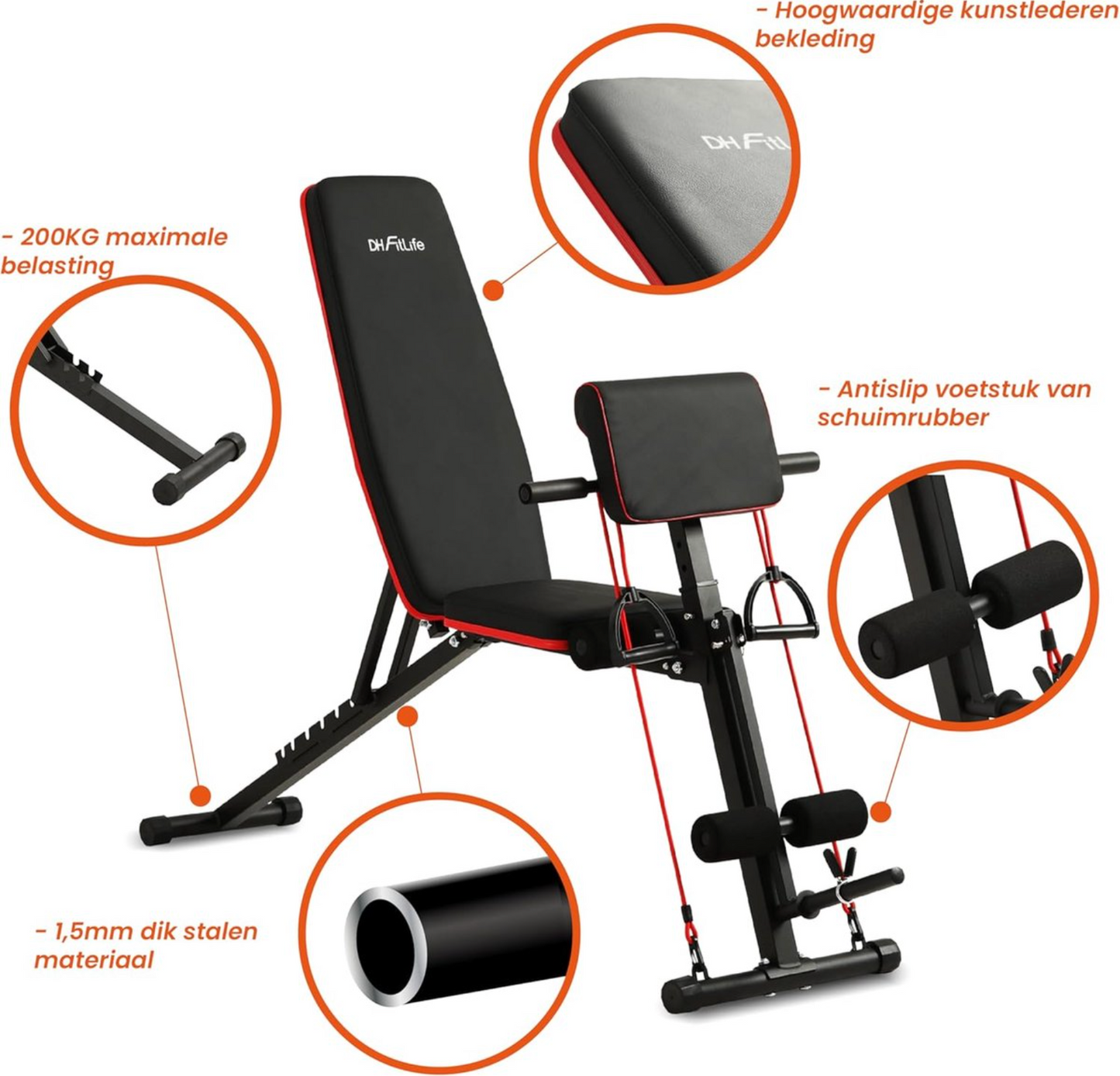 DH FitLife banc d'haltères pliable avec banc de curl et tendeur de jambes, multifonctionnel - 7 niveaux