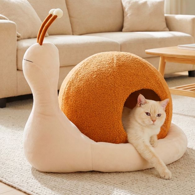 Panier pour chat Coast 2-en-1 en forme d'escargot - Maison pour chat fermée avec coussin amovible et lavable - 56 x 48 x 39 cm - Marron/Blanc