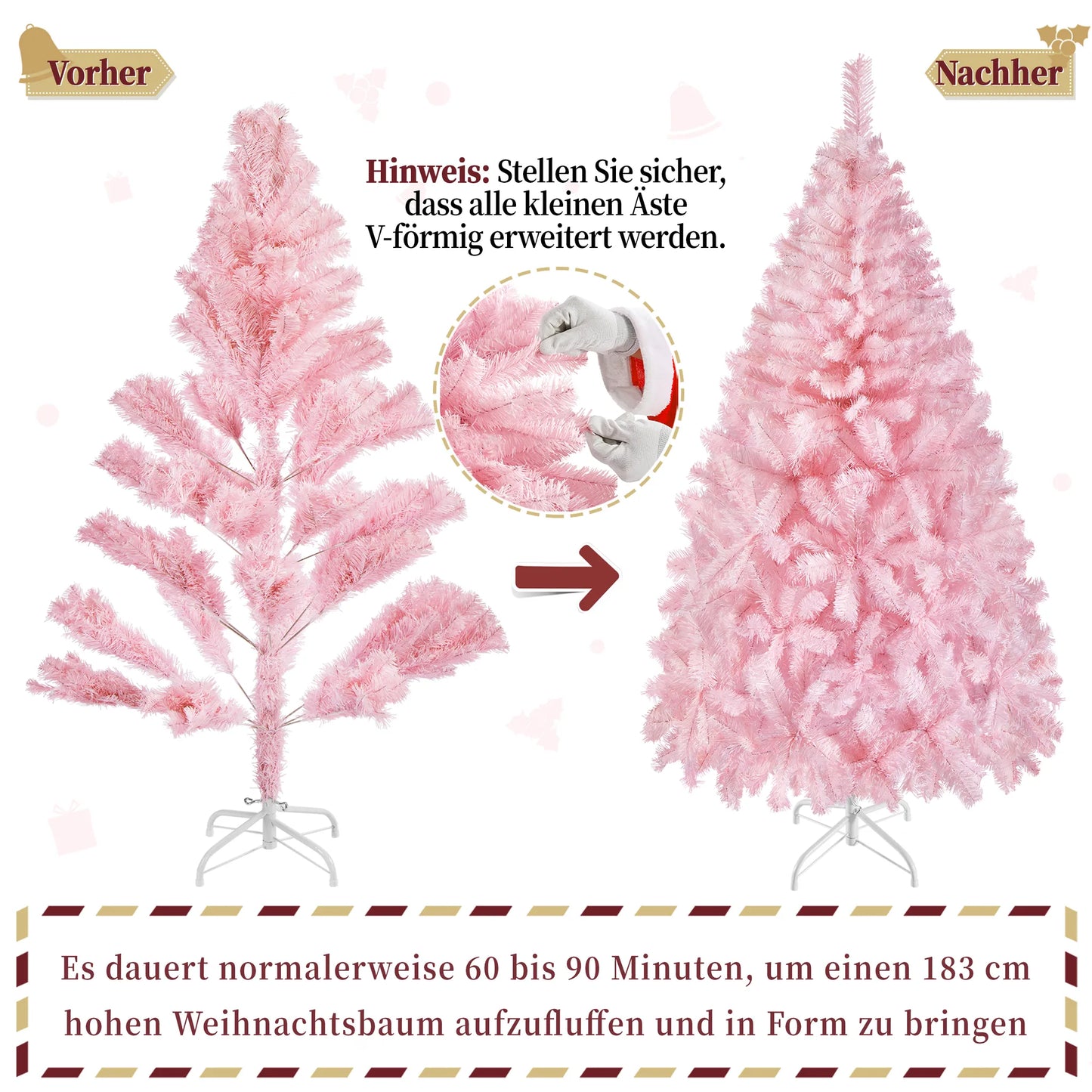 Yaheetech Arbre de Noël artificiel rose - 110 x 110 x 183 cm - avec 598 branches et une base métallique pliable et des capuchons en caoutchouc protecteurs - pour le salon et les vacances - PVC et métal rose