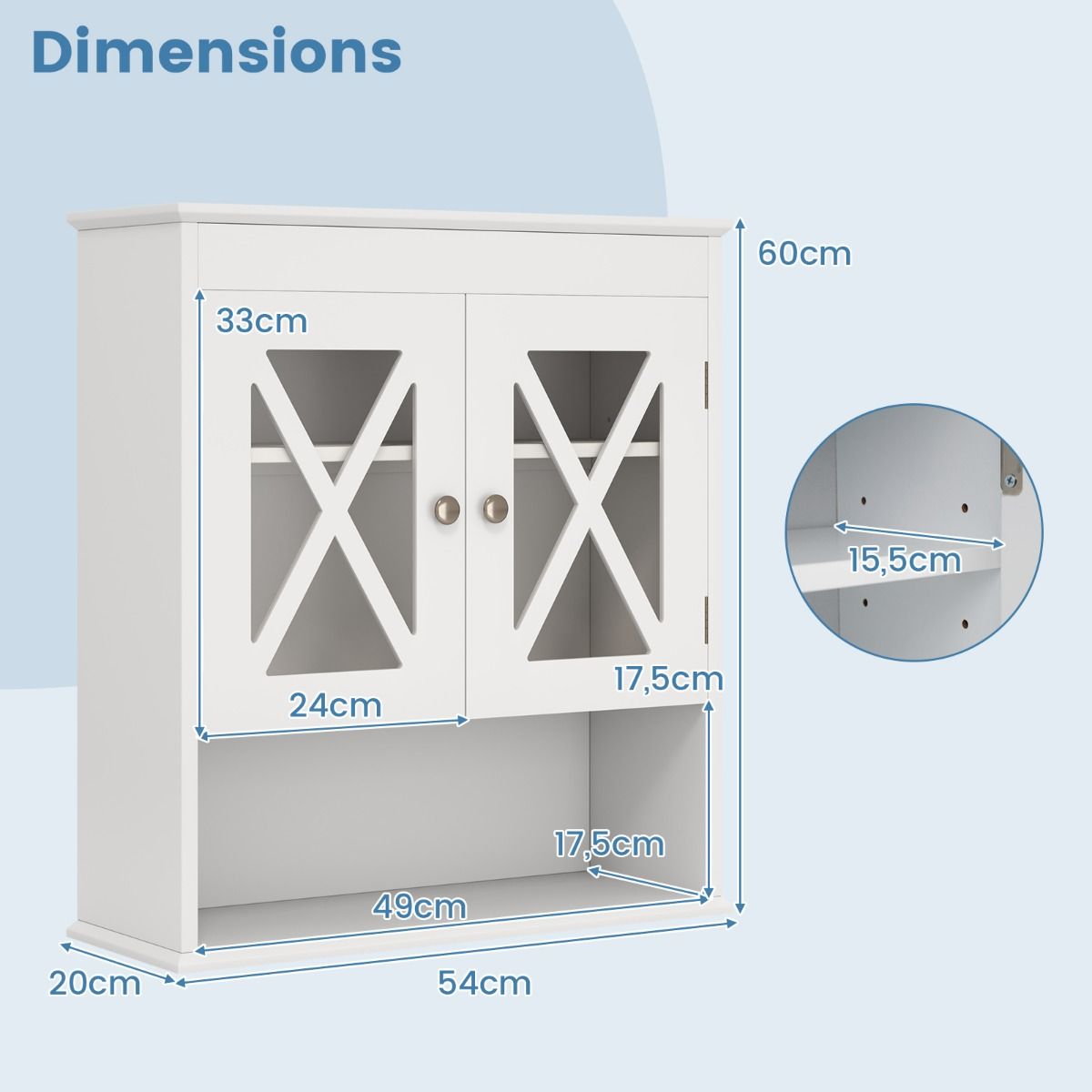 coast Bathroom Hanging Cabinet - White - 54 x 20 x 60 cm - Wall-mounted with Adjustable Rack