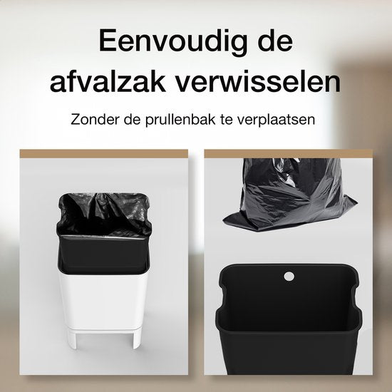 Loftey Trashcan 60 Liter - Push/touch Waste Bin - Duo Waste Bin with Inner Bin - Garbage Can 2 Compartments - Waste Separation 2x30L - Kitchen - White/RVS