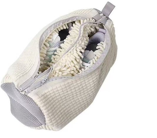 Sac à linge pour chaussures - Sac double avec fermeture éclair dissimulée - Pour utilisation en machine à laver - Nettoyage à 360 degrés - Couleur blanche
