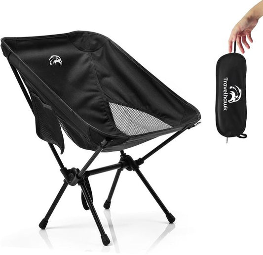 Travelhawk Chaise de camping - Chaise de plage - Chaise de plage pliable - Chaise de pêche - Chaise pliante - Pliable - Légère - Noire