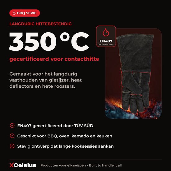 Gants de barbecue XCelsius® en cuir refendu – Certifiés TÜV EN407 – Gants de barbecue et de four résistants à la chaleur – Pour kamado, fonte, grilles et déflecteurs de chaleur – Cadeaux pour hommes – 1 paire – Noir et rouge