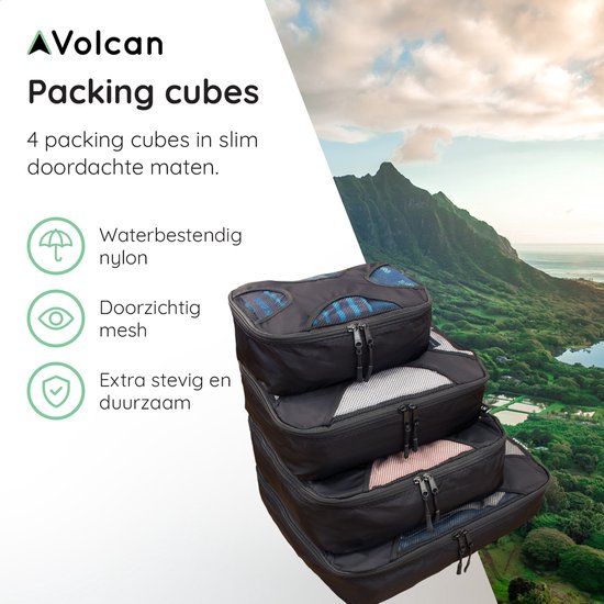 Volcan Packing Cubes - Kit d'organisation pour valise - 4 pièces - Cubes de voyage - Pour sac à dos et valise - Noir