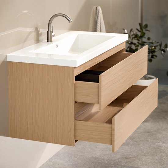 Meuble de salle de bains Mirlux en chêne clair 100 cm - Lavabo blanc - Ensemble de meubles de salle de bains - Meuble-lavabo en chêne clair