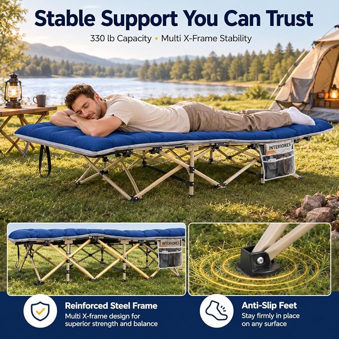 Lit de camping pliable Yaheetech avec matelas - 190 x 68 cm - Noir - Lit de camp avec sac de transport et poches de rangement